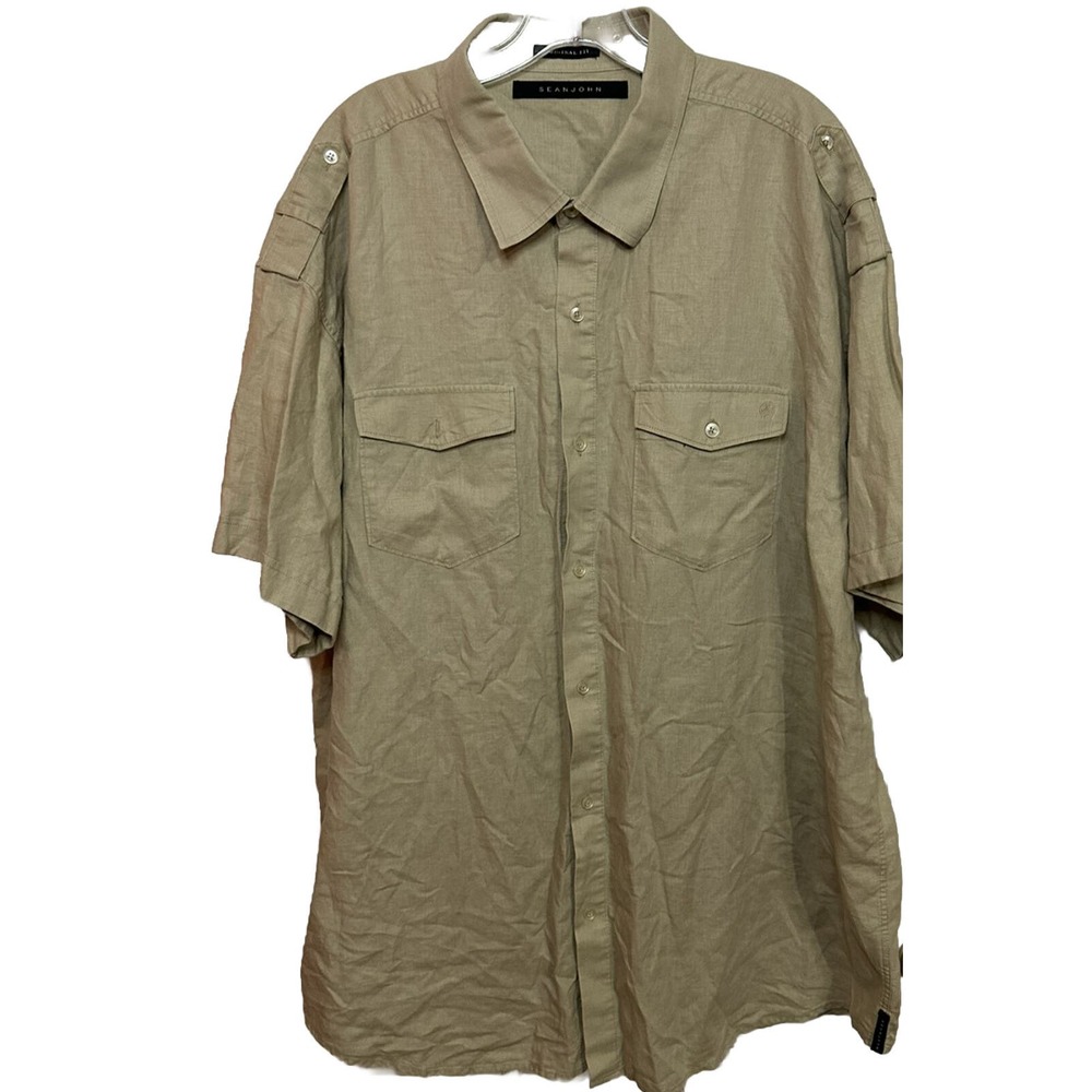 Sean John Shirt Men Size 3XB Khaki Collared Short Sleeve Pockets Button-Up